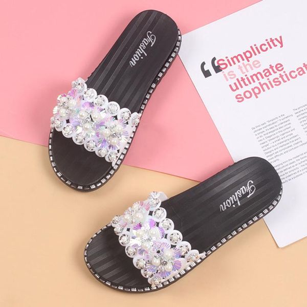 women's slippers fashion shiny low heel shoes casual slipper flip flops flat bottom non-slip sequins summer beach slippers #thy, Black